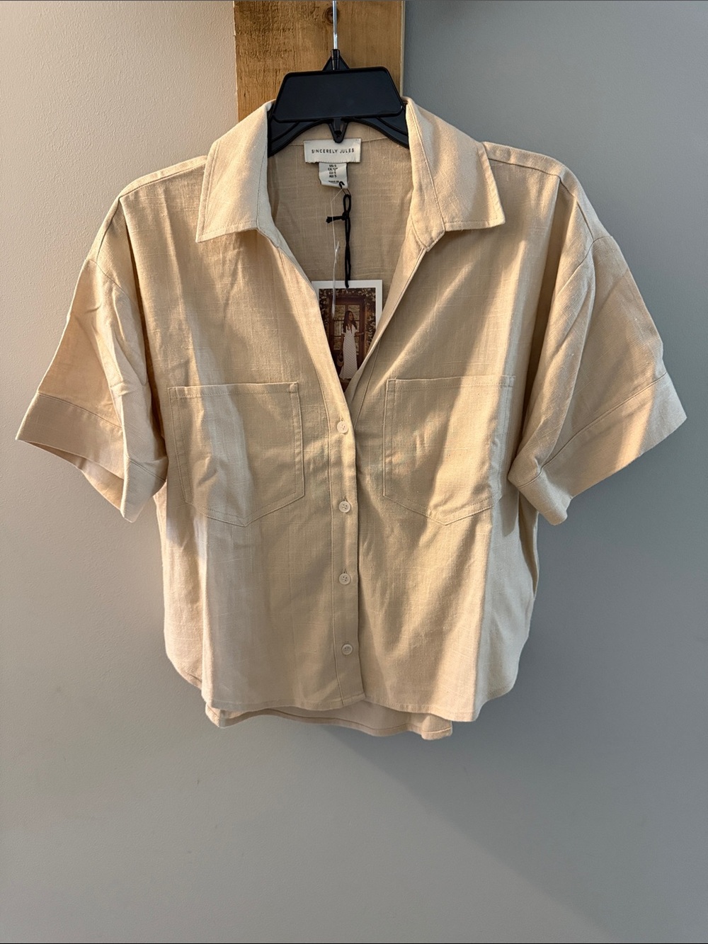 Sincerely Jules Short-Sleeve Boxy Button-Down Shirt - Cream, NWTs